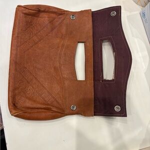 Brown Embossed Leather Clutch with Cutout Handles